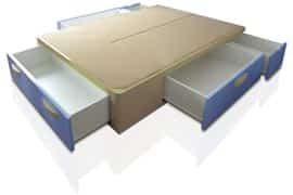 Cama con cajones PLUS acabado en madera LUXE con 4 cajones laterales retranqueados y uno en los pies, Esquinas Redondas y tiradores curvos